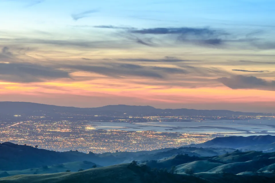 View of Santa Clara valley in San Francisco Bay Area at dusk.